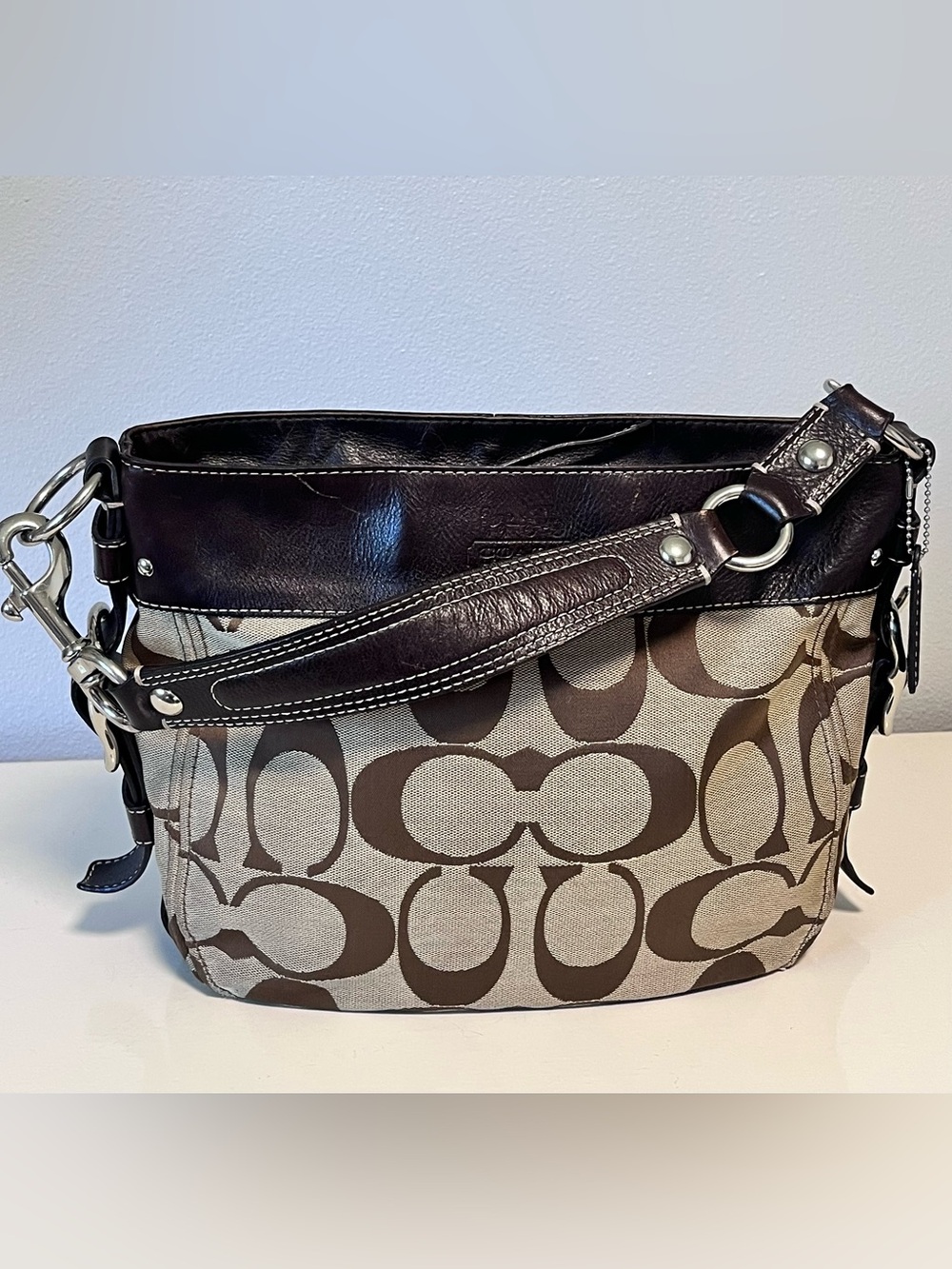 COACH #F12657 "Signature Zoe" Shoulder Hobo Bag Purse Brown Jacquard & Leather